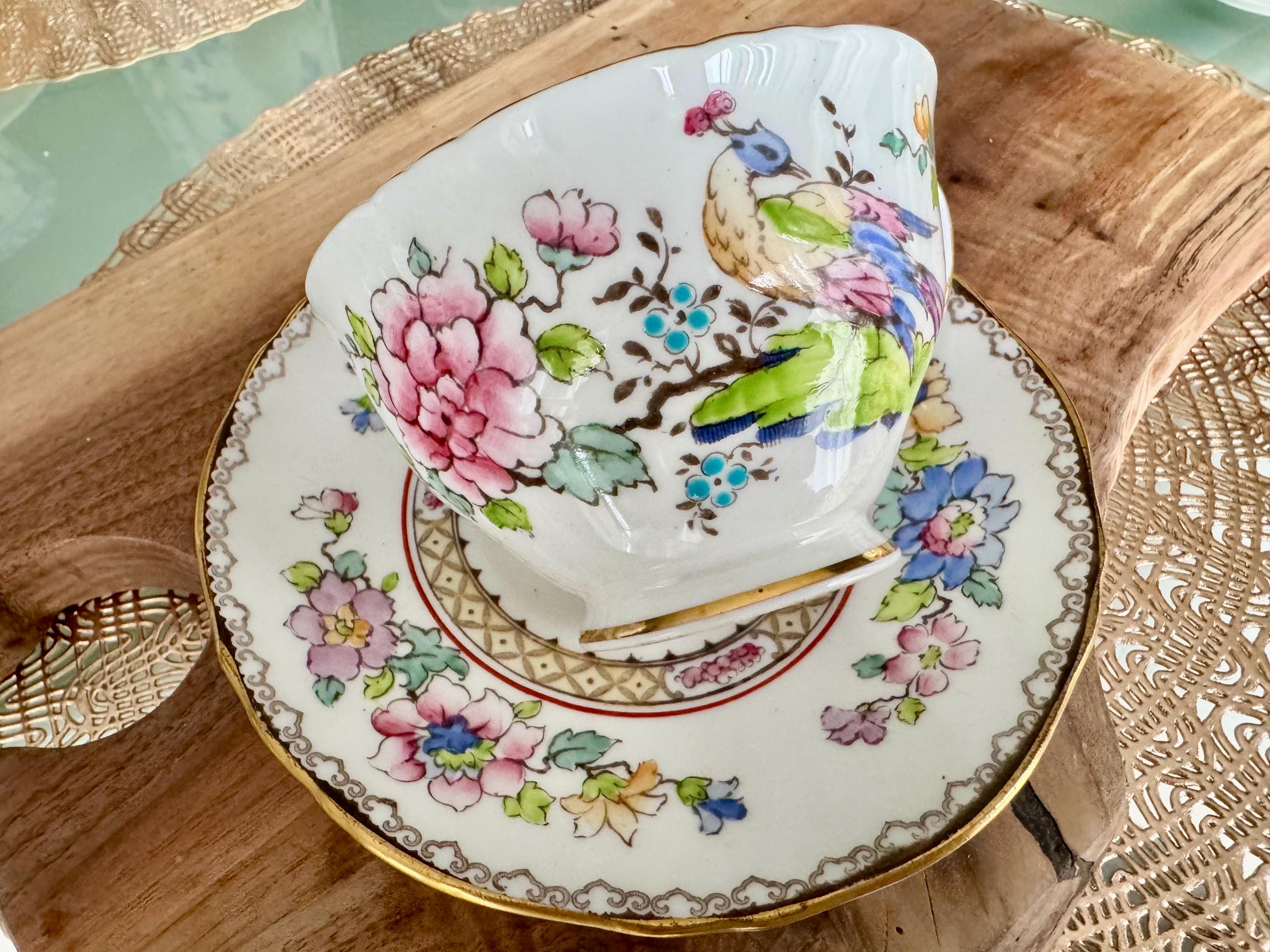 Vintage Crown Staffordshire Cup & Saucer - Hand-Painted Peacock Floral Design