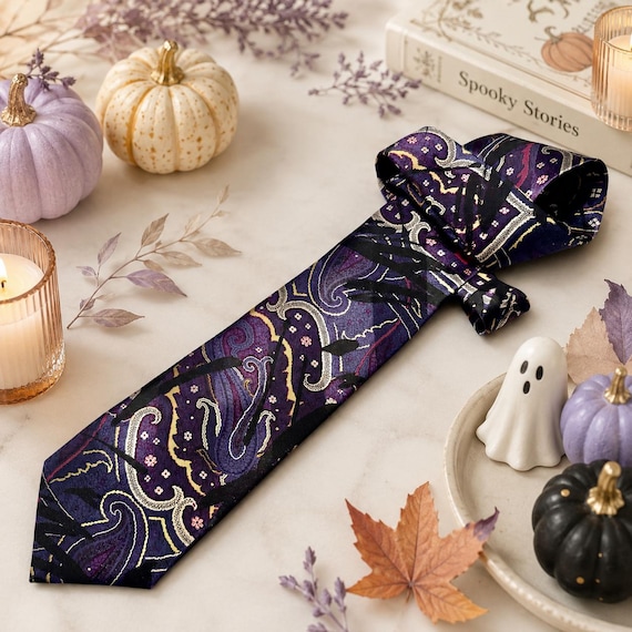 Vintage T.H. Ross 100% Silk Abstract Paisley Tie – Hand Made in Italy – Purple Black Necktie