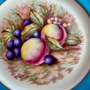 May include: A decorative plate with a hand-painted still life of fruit. The design features purple grapes, peaches with yellow and pink hues, and green leaves. The plate has a cream-colored background with a brown border.