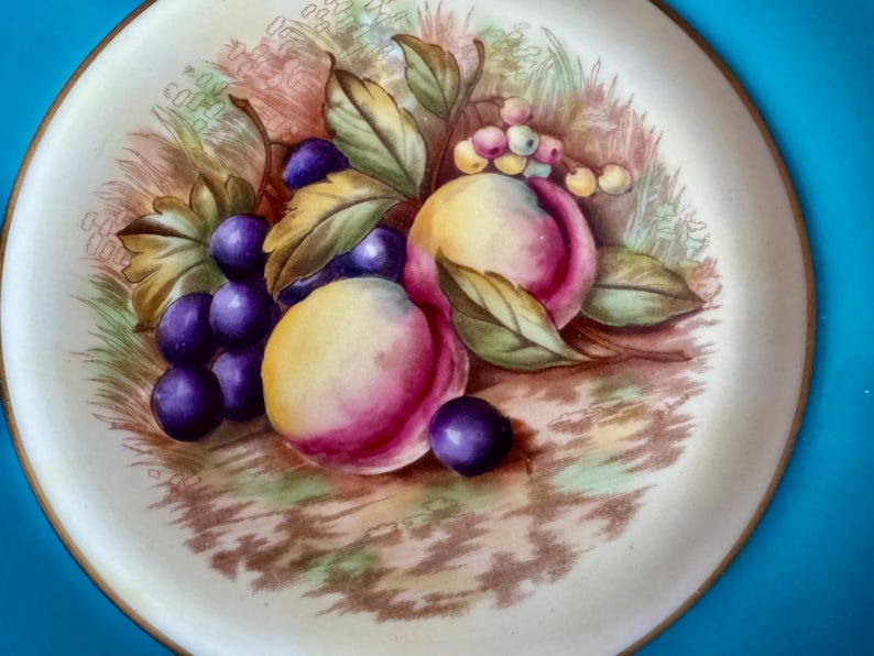 May include: A decorative plate with a hand-painted still life of fruit. The design features purple grapes, peaches with yellow and pink hues, and green leaves. The plate has a cream-colored background with a brown border.