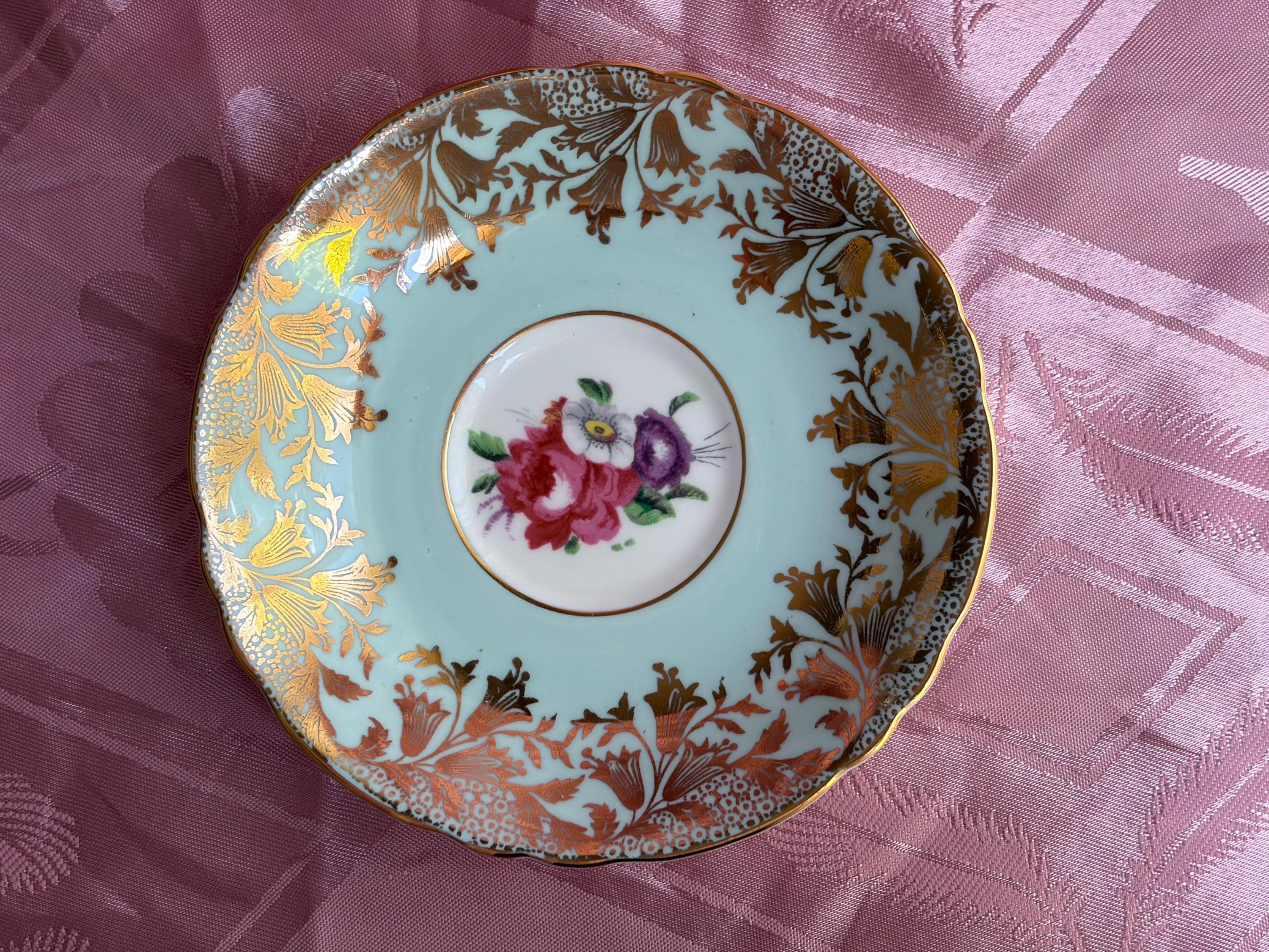 Vintage Paragon Fine Bone China Teacup & Saucer – Aqua Blue, Pink Floral Bouquet Gold Gilt