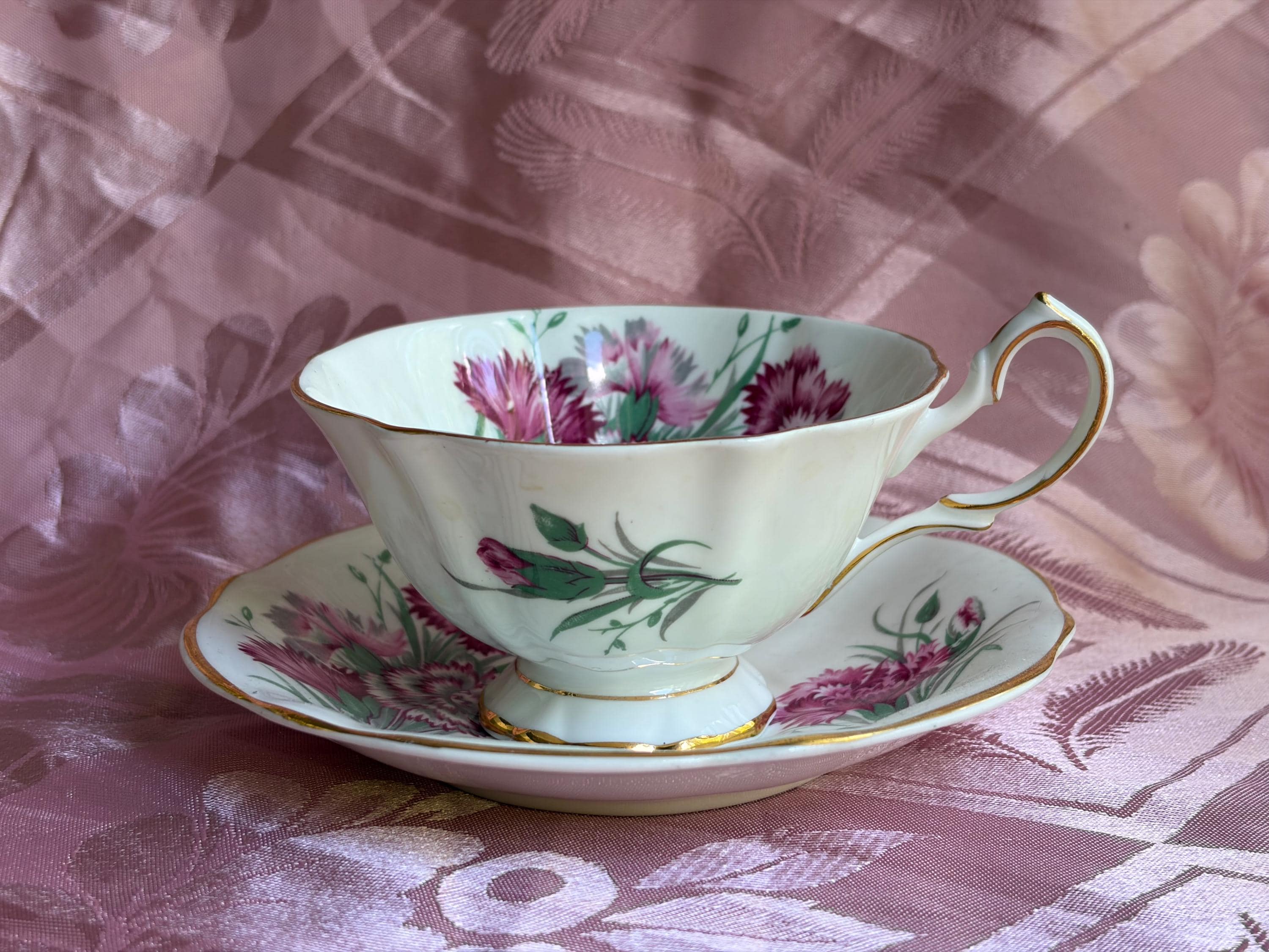 Vintage Queen Anne Bone China Teacup & Saucer – Pink Carnations – England