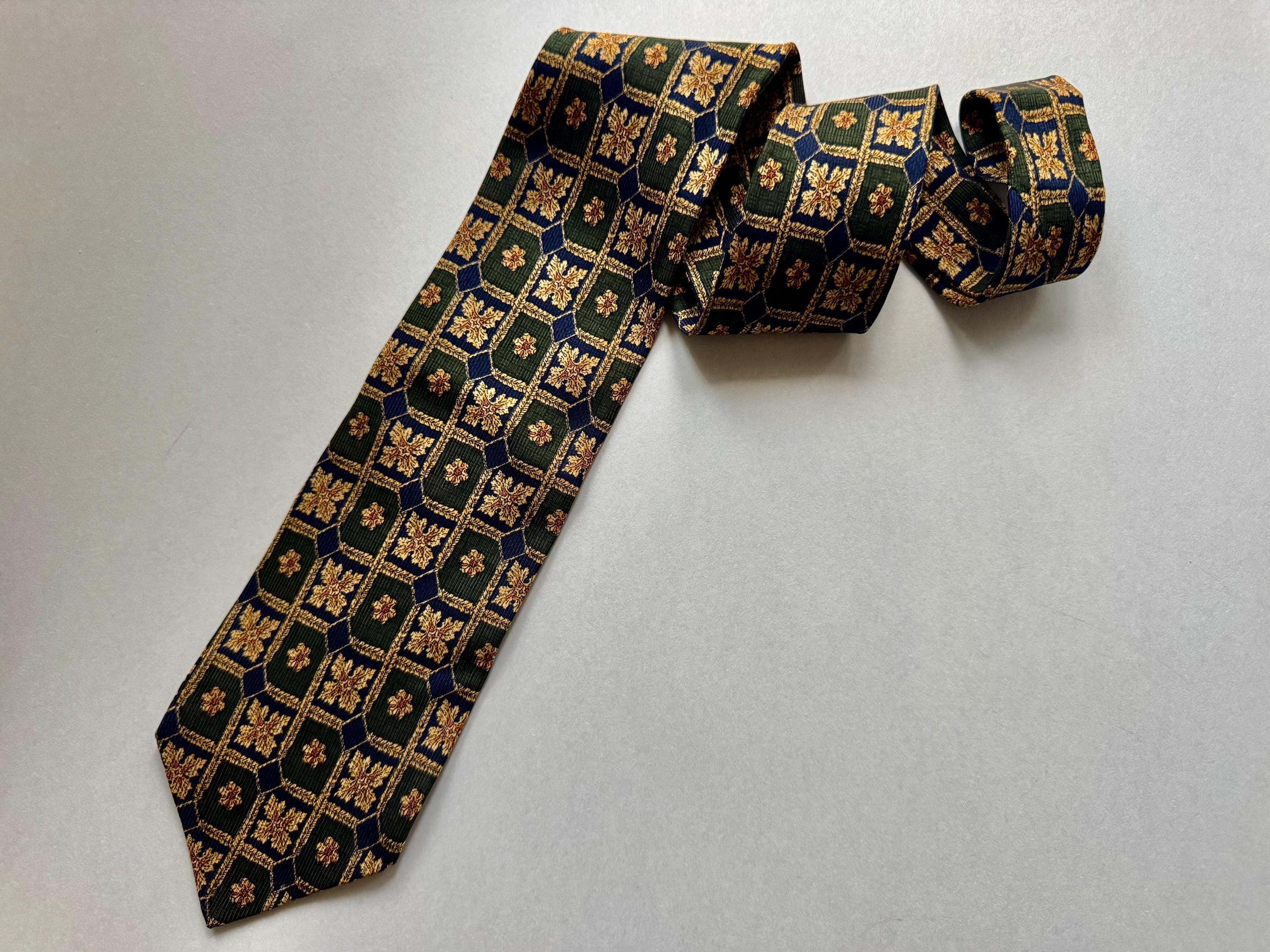 Vintage Dorméuil 100% Silk Tie — Paris London — Navy Green Gold Geometric Pattern — Made in Italy