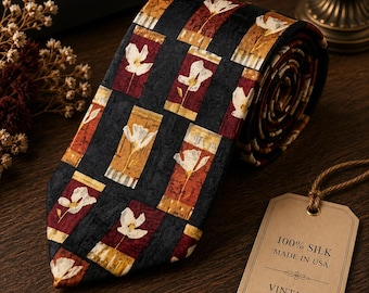 Vintage Oscar de la Renta USA Silk Tie – Floral Geometric Patchwork Designer Necktie
