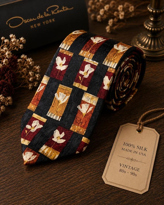 Vintage Oscar de la Renta USA Silk Tie – Floral Geometric Patchwork Designer Necktie