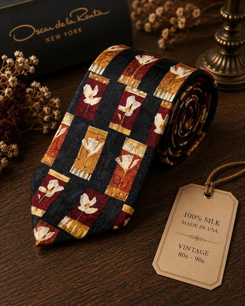 Op de afbeelding: Een opgerolde zwarte zijden stropdas met een bloemenpatroon in rood, goud en wit. Het label luidt "100% Zijde Made in USA Vintage 80s-90s". Het Oscar de la Renta-label is zichtbaar op de achtergrond.