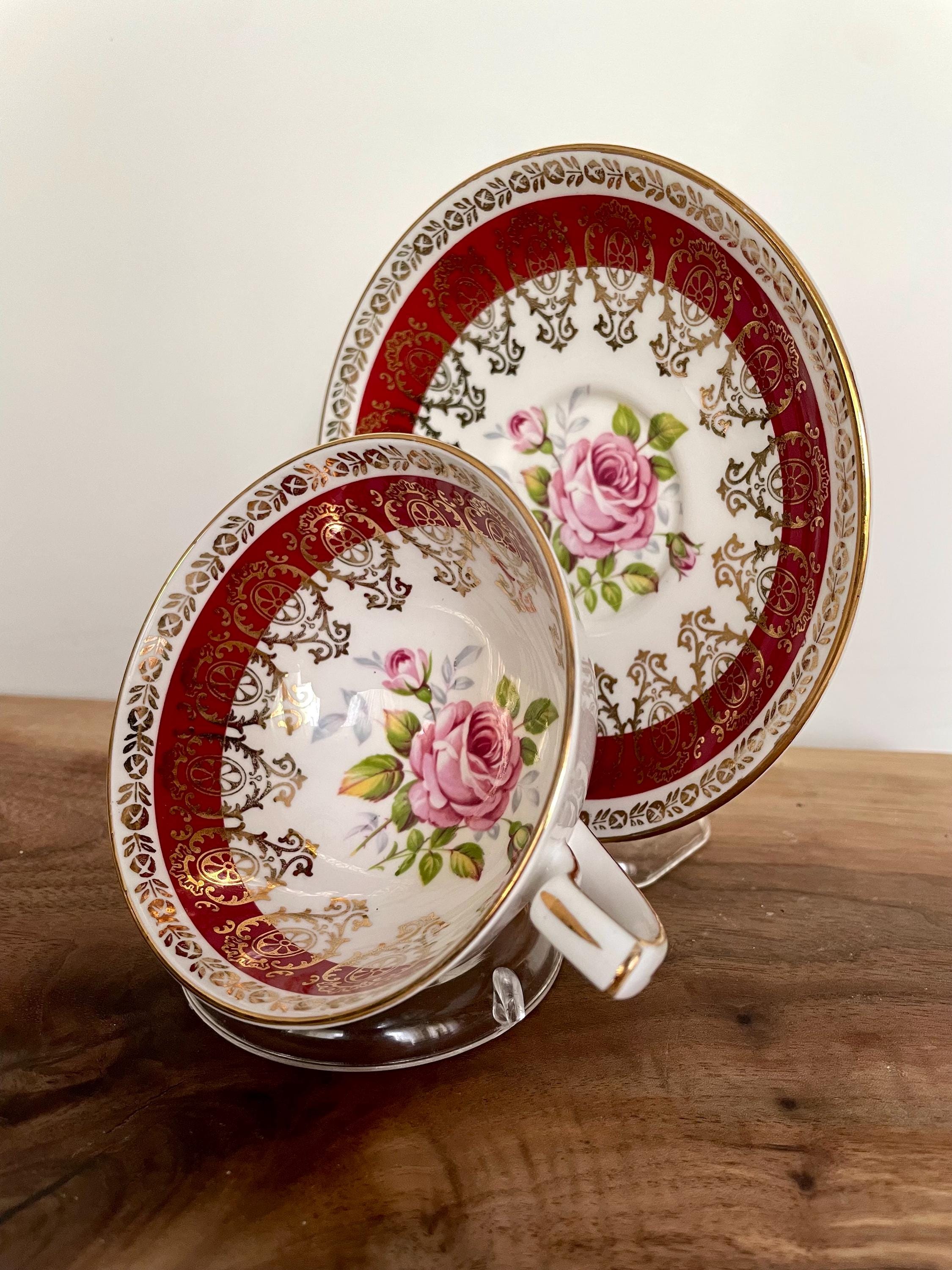 Vintage Royal Stafford Bone China Teacup & Saucer – Crimson Red Gold Filigree with Pink Rose