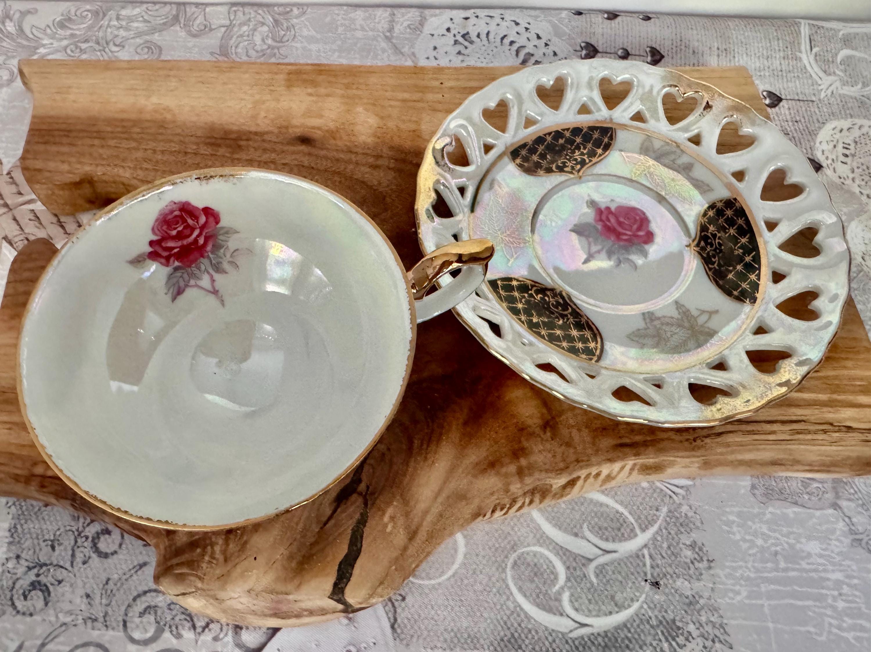 Vintage Lusterware Teacup & Saucer: Gold Overlay Pink Rose - Japan