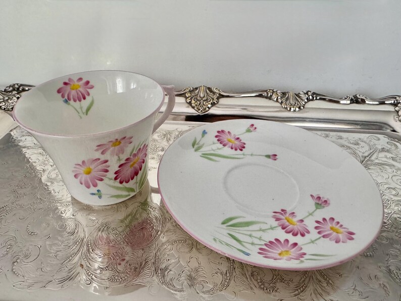 May include: A white teacup and saucer set with a pink floral design. The cup and saucer have a pink trim and are decorated with pink daisies and green leaves. The set is placed on a silver tray.