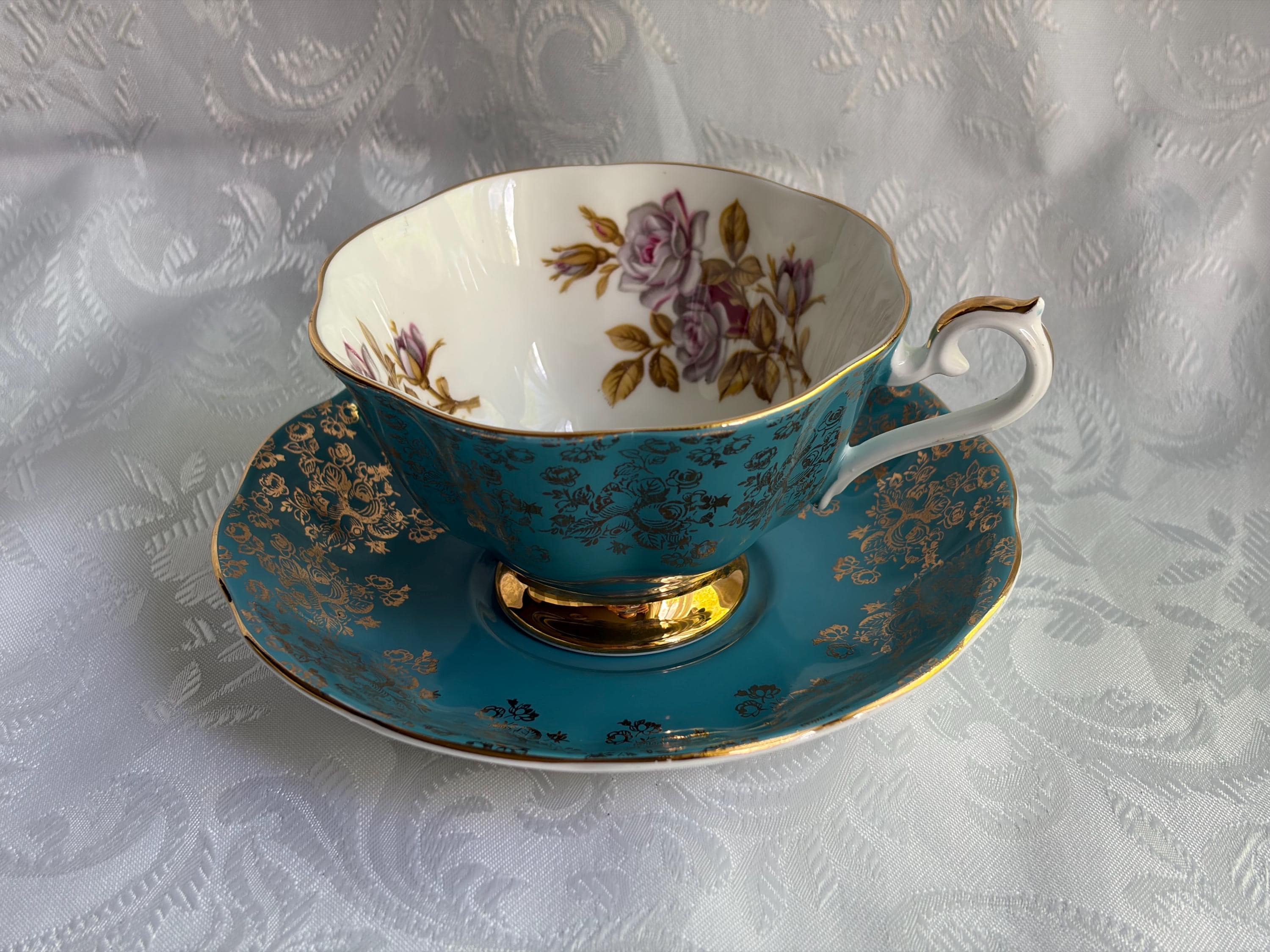 Royal Albert Turquoise Gold Bone China Teacup Saucer – Rose Floral England