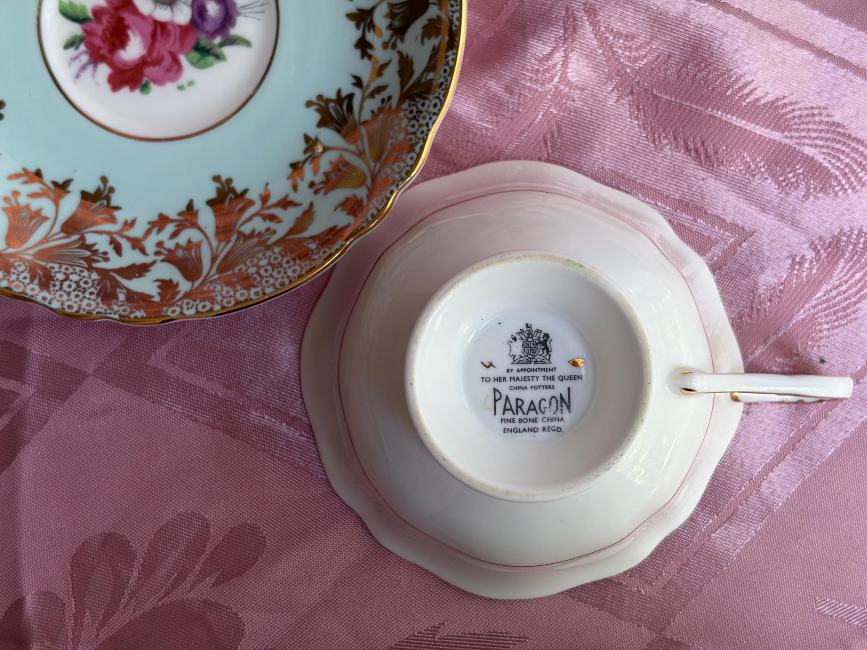Vintage Paragon Fine Bone China Teacup & Saucer – Aqua Blue, Pink Floral Bouquet Gold Gilt