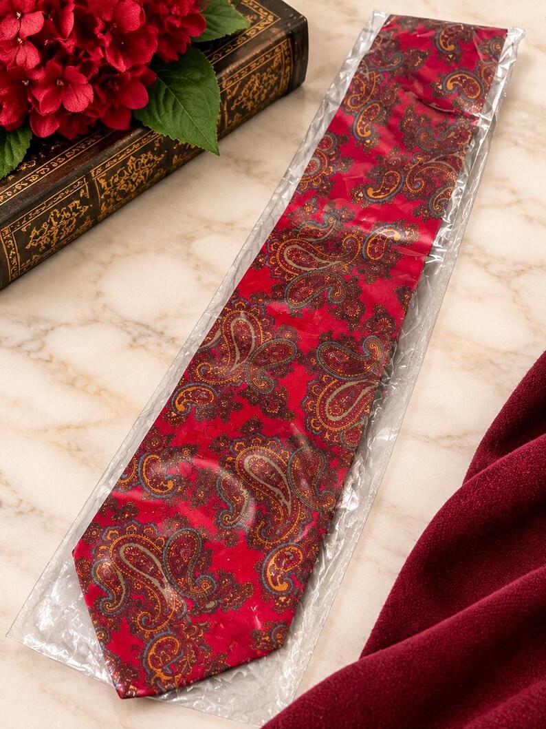 May include: A red necktie featuring a repeating paisley pattern in shades of gold, blue, and dark brown. The necktie is encased in a clear plastic protective sleeve, showcasing its pointed tip and smooth, woven fabric construction.