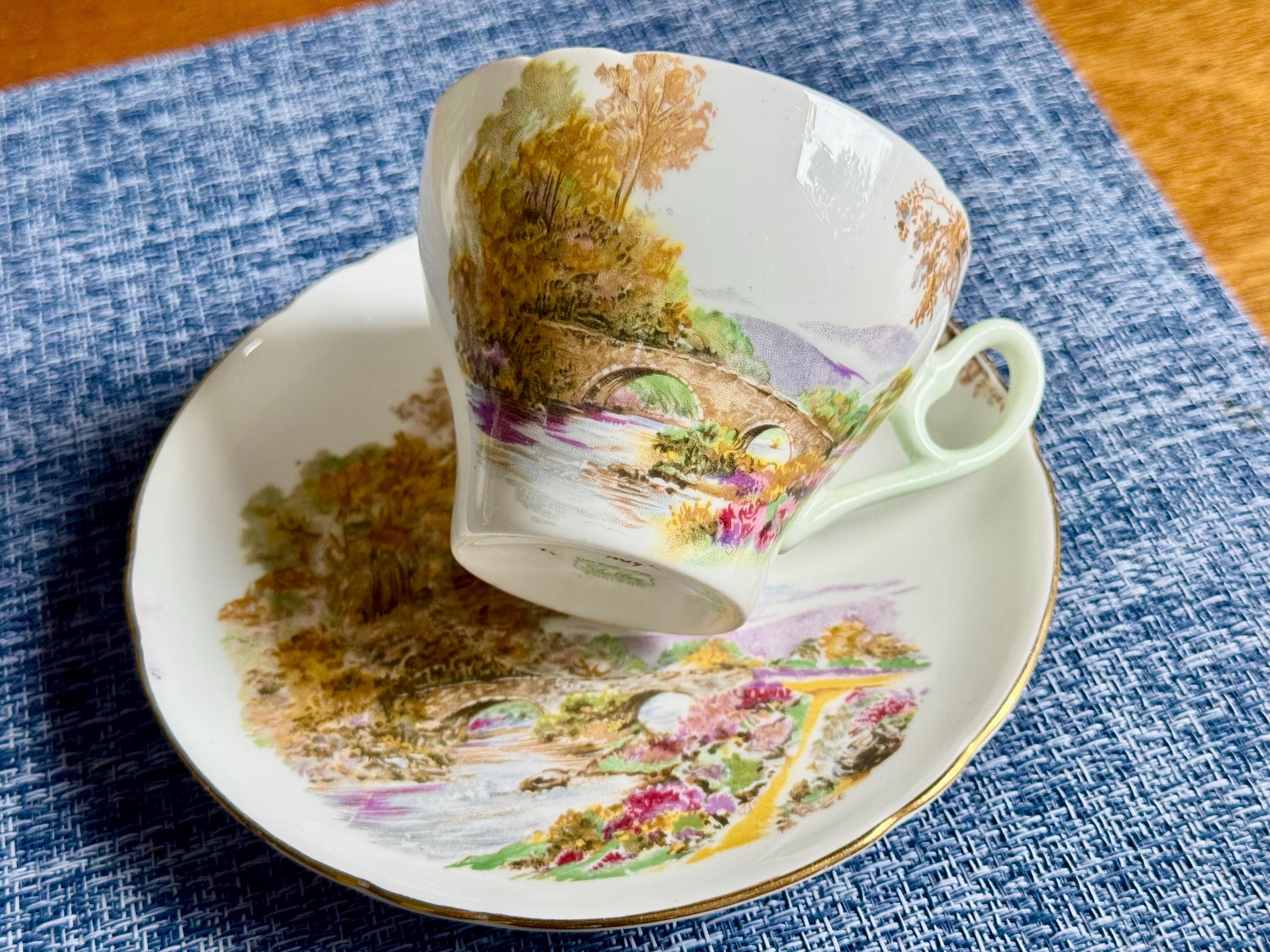 Vintage Shelley “Heather” Bone China Teacup & Saucer — Scenic Landscape — England