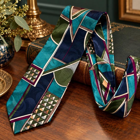 Hardy Amies Vintage All-Silk Tie — 14 Savile Row London — Teal Navy Green Geometric Necktie