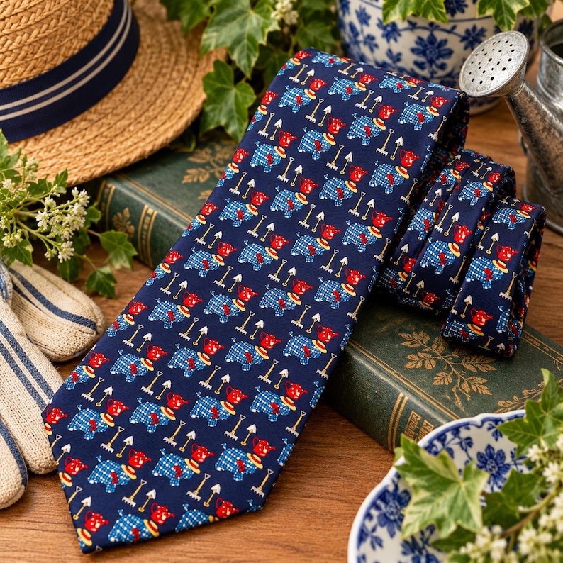May include: A navy blue necktie featuring a repeating pattern of small red watering cans and white garden rakes. The fabric has a smooth finish, and the design is oriented vertically along the length of the tie, showcasing a consistent garden-themed motif.
