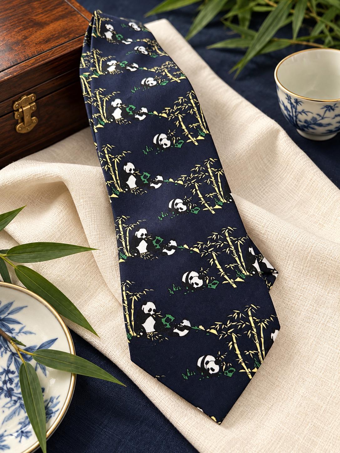Vintage Kai Long Silk Necktie – Panda & Bamboo Novelty Tie – Never Worn