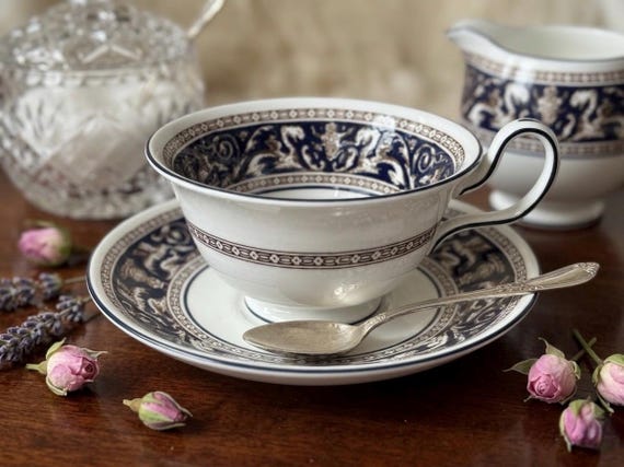 Wedgwood Florentine Teacup & Saucer – Blue Brown – Bone China England