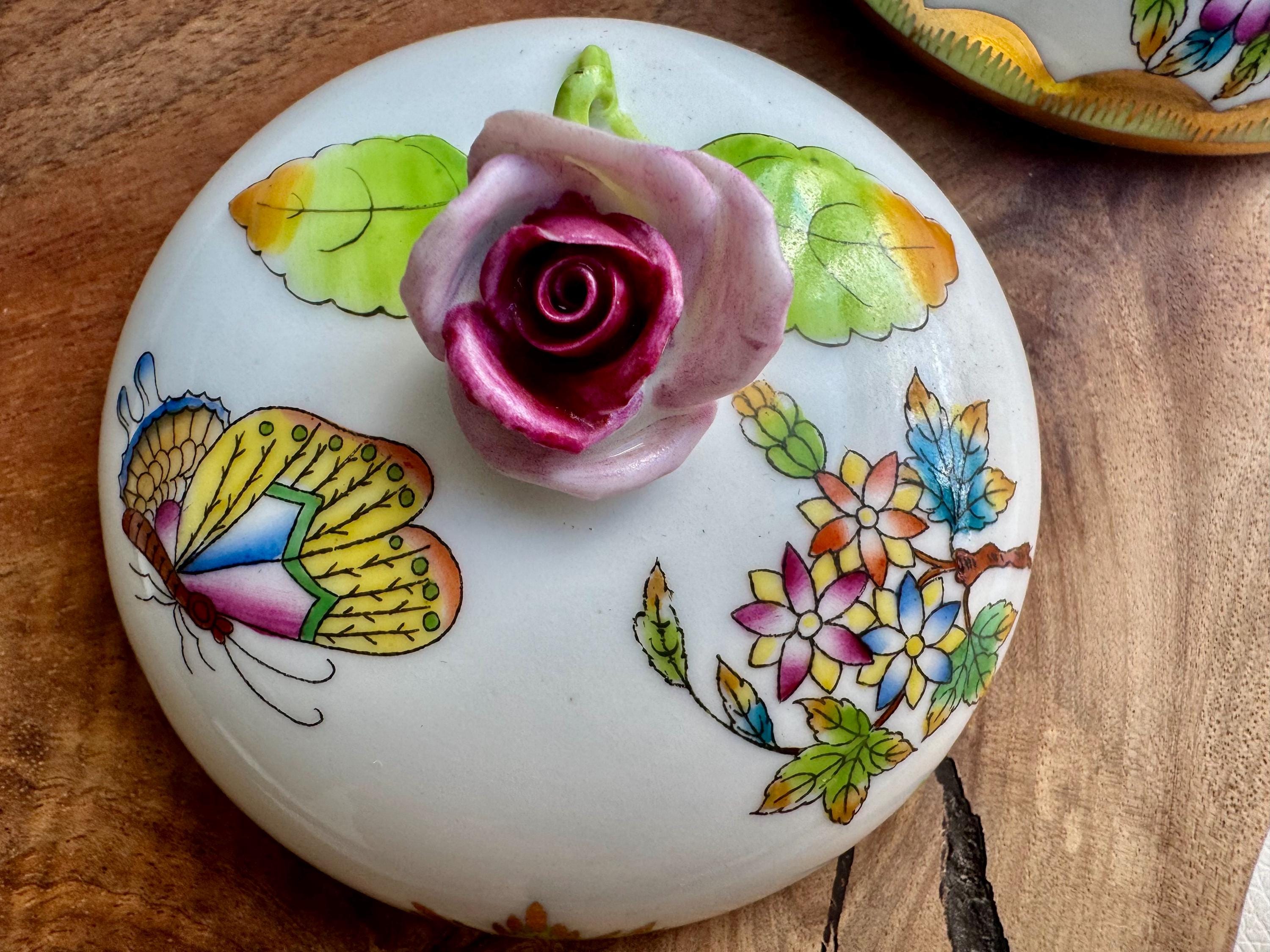 Vintage Herend Hungary Porcelain Trinket Box – Butterfly, Florals & 3D Rose Finial – Hand-Painted