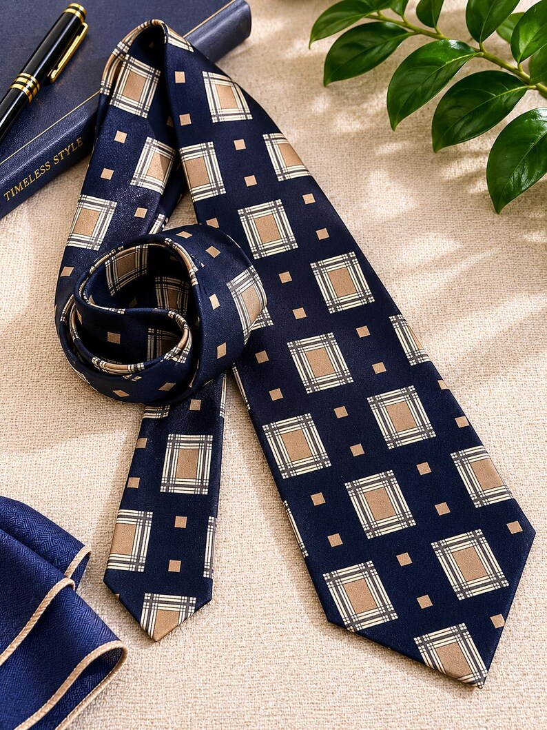May include: Navy blue tie with a repeating pattern of tan and white squares on a dark background. The tie is knotted and lies next to a matching pocket square and a pen on a book titled "Timeless Style."