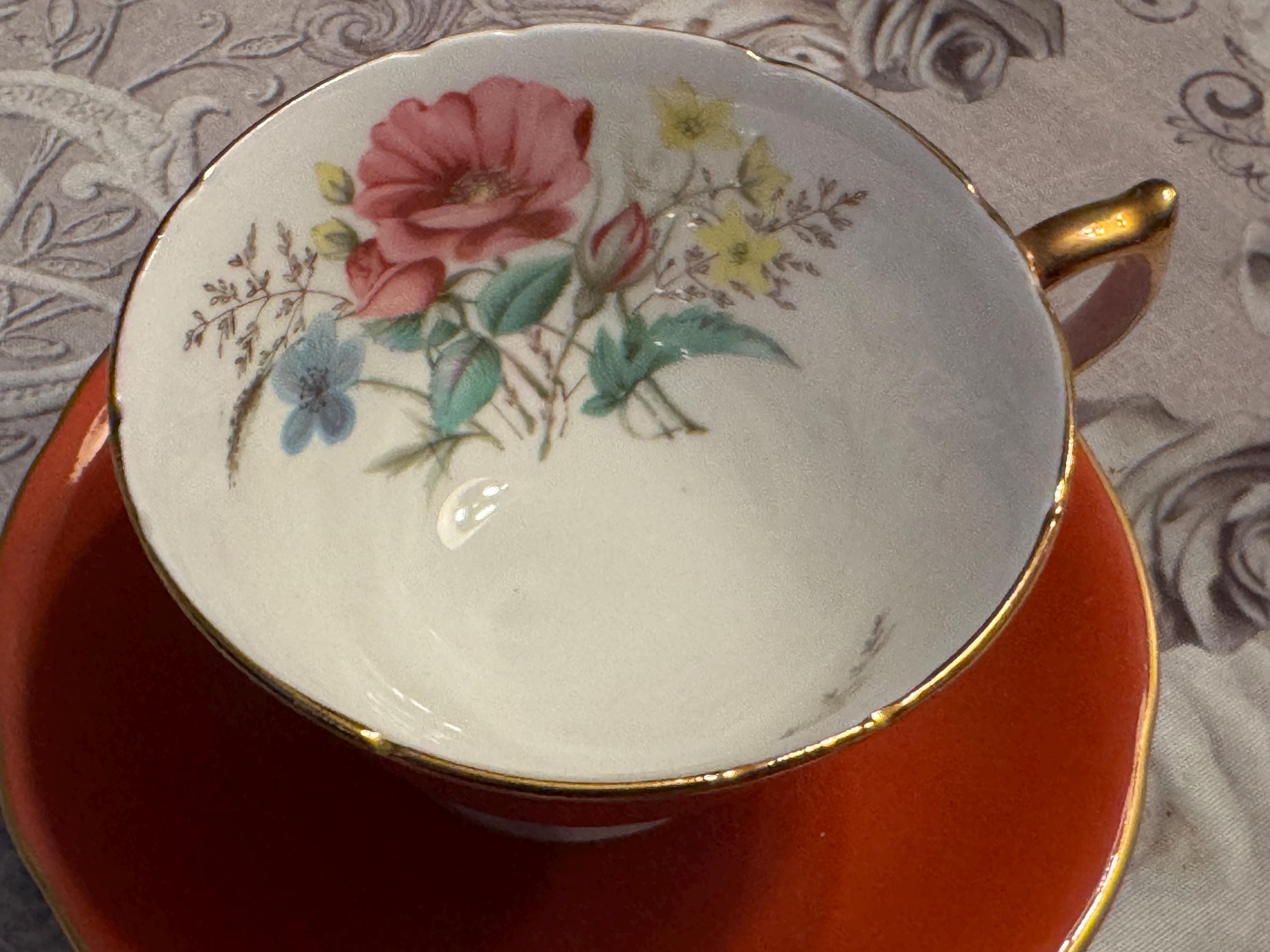 Vintage Aynsley Orange Teacup & Saucer – Pristine Floral Interior, Gold Trim Bone China England