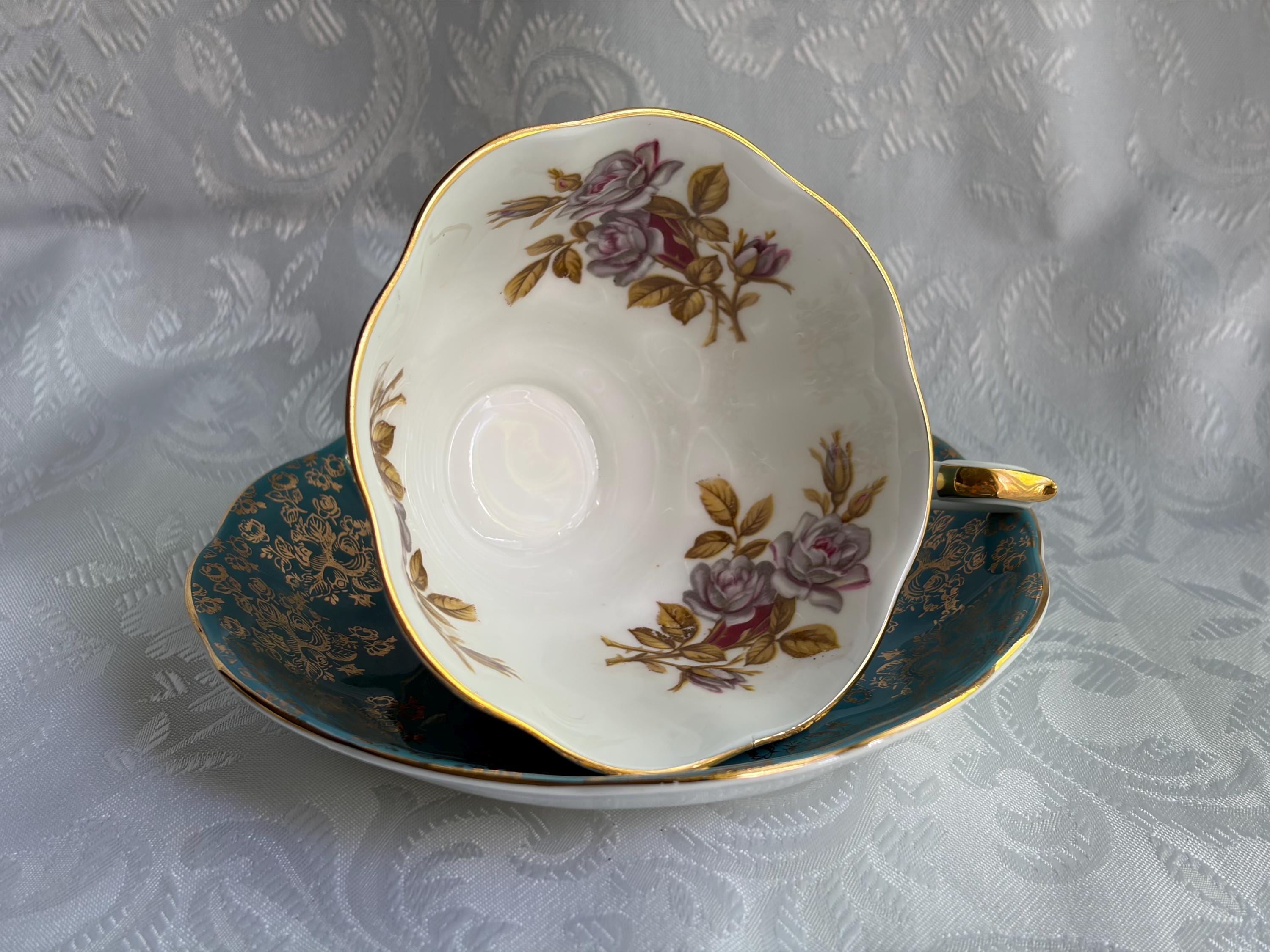Royal Albert Turquoise Gold Bone China Teacup Saucer – Rose Floral England
