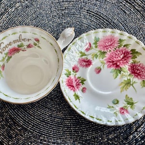 May include: A white teacup and saucer set with a floral design featuring pink flowers and green leaves. The teacup has the word "November" written on it. The set has gold trim.