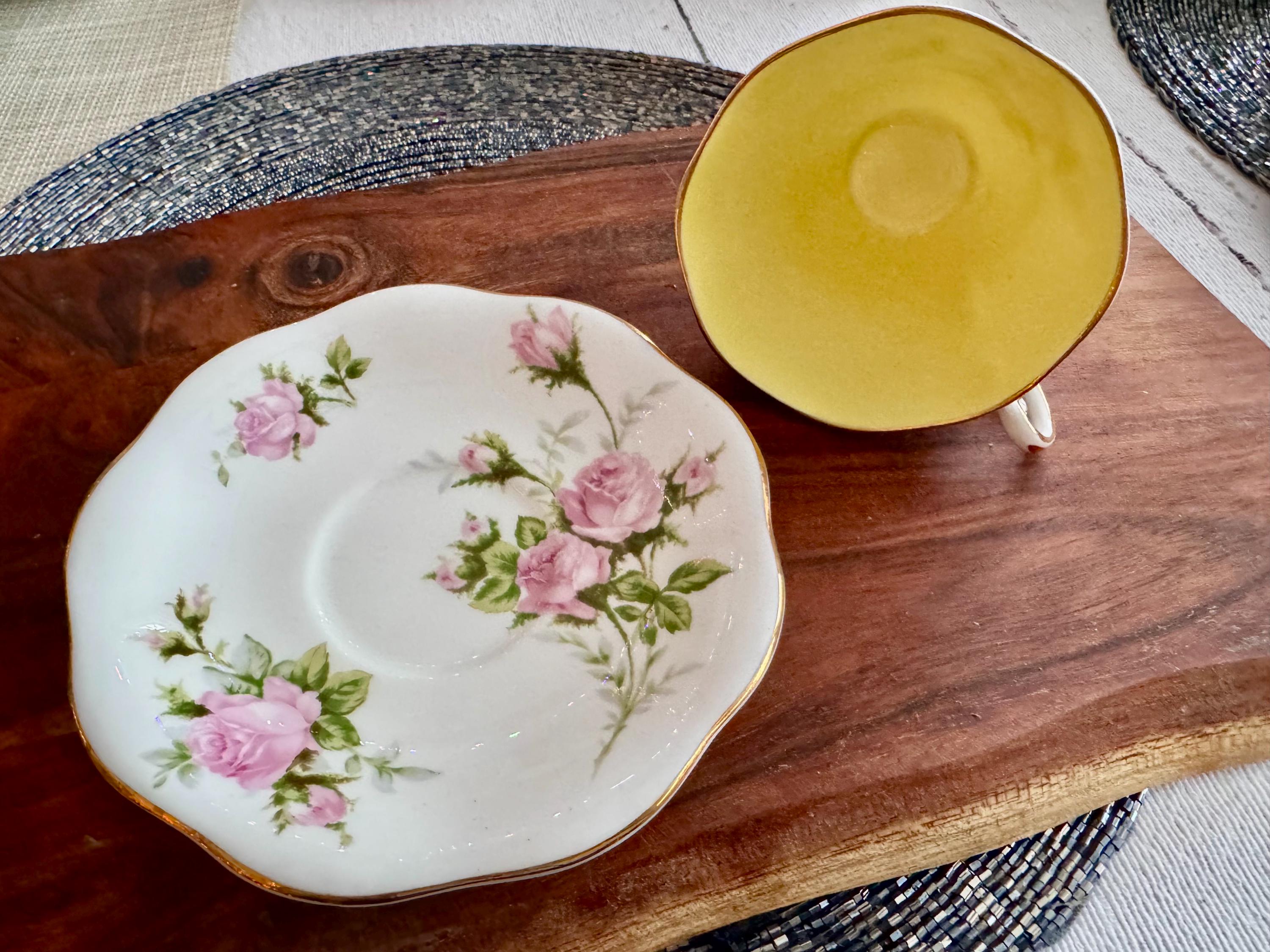 Foley China Bone Cup & Saucer - Pastel Yellow with Pink Roses