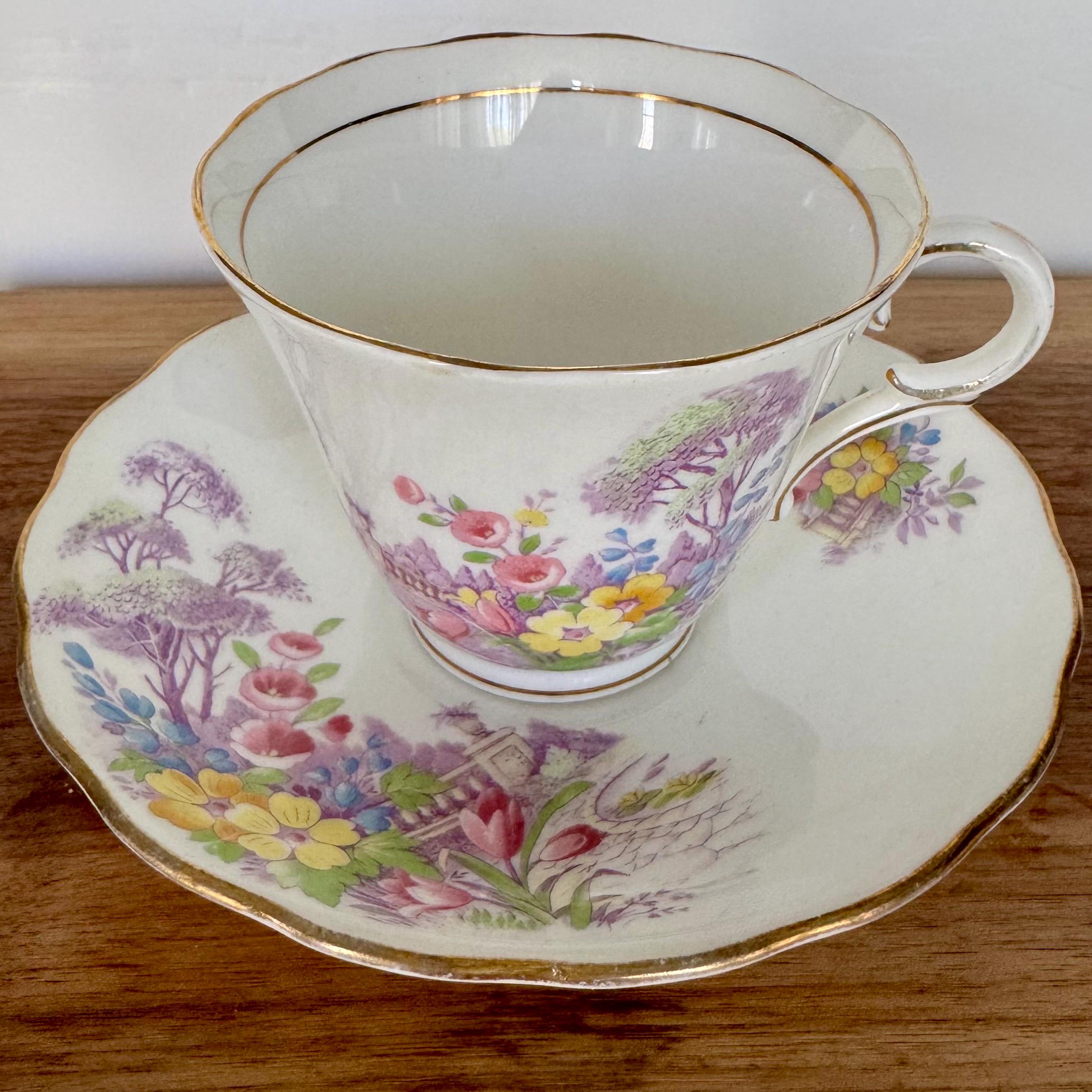 Vintage Colclough Bone China Teacup & Saucer – English Cottage Garden Scene – Made in Longton, England