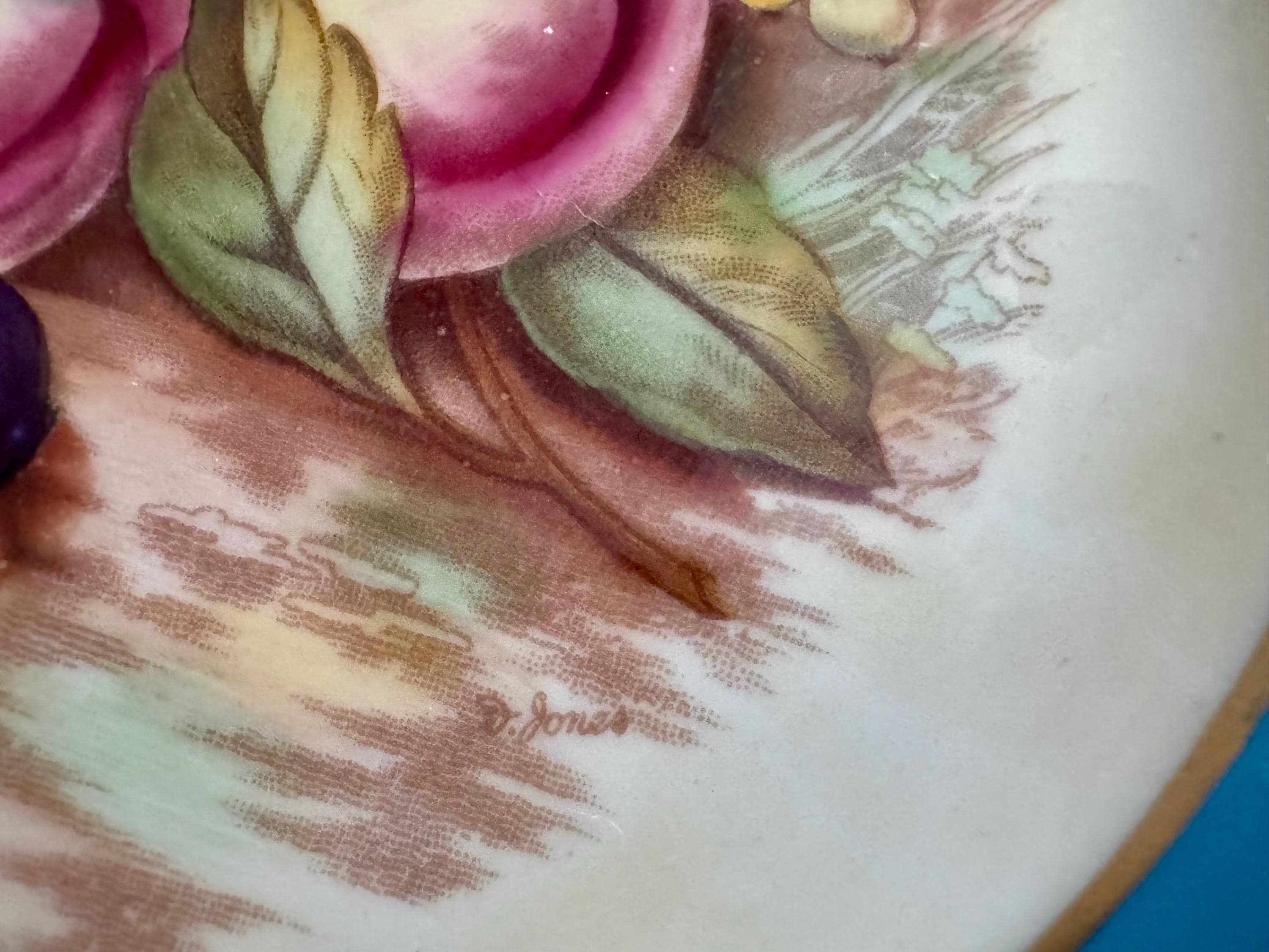 Vintage Aynsley Orchard Fruit Salad Plate: Hand-Painted Fine Bone China, Turquoise Rim