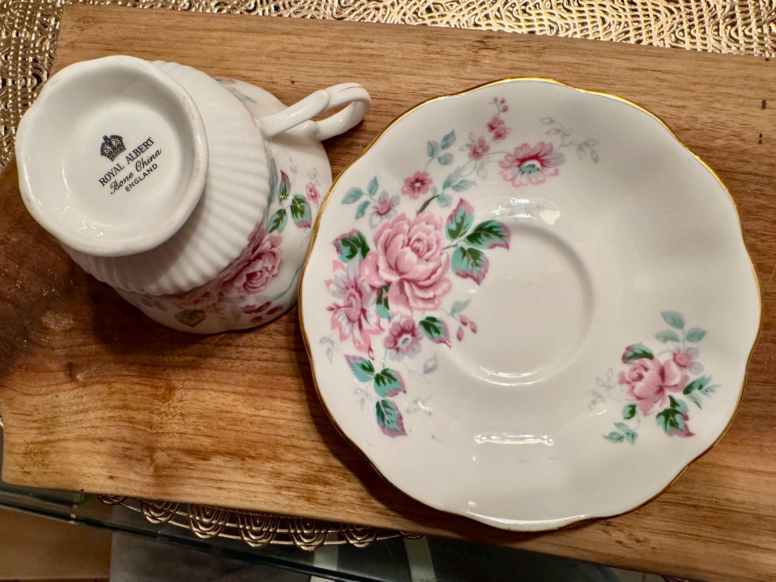 Vintage Royal Albert Bone China Cup and Saucer - Pink Rose Pattern with Gold Trim