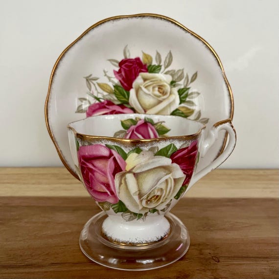 Vintage Queen Anne “Lady Sylvia” Teacup & Saucer – Pink Cream Roses with Gold Trim – England