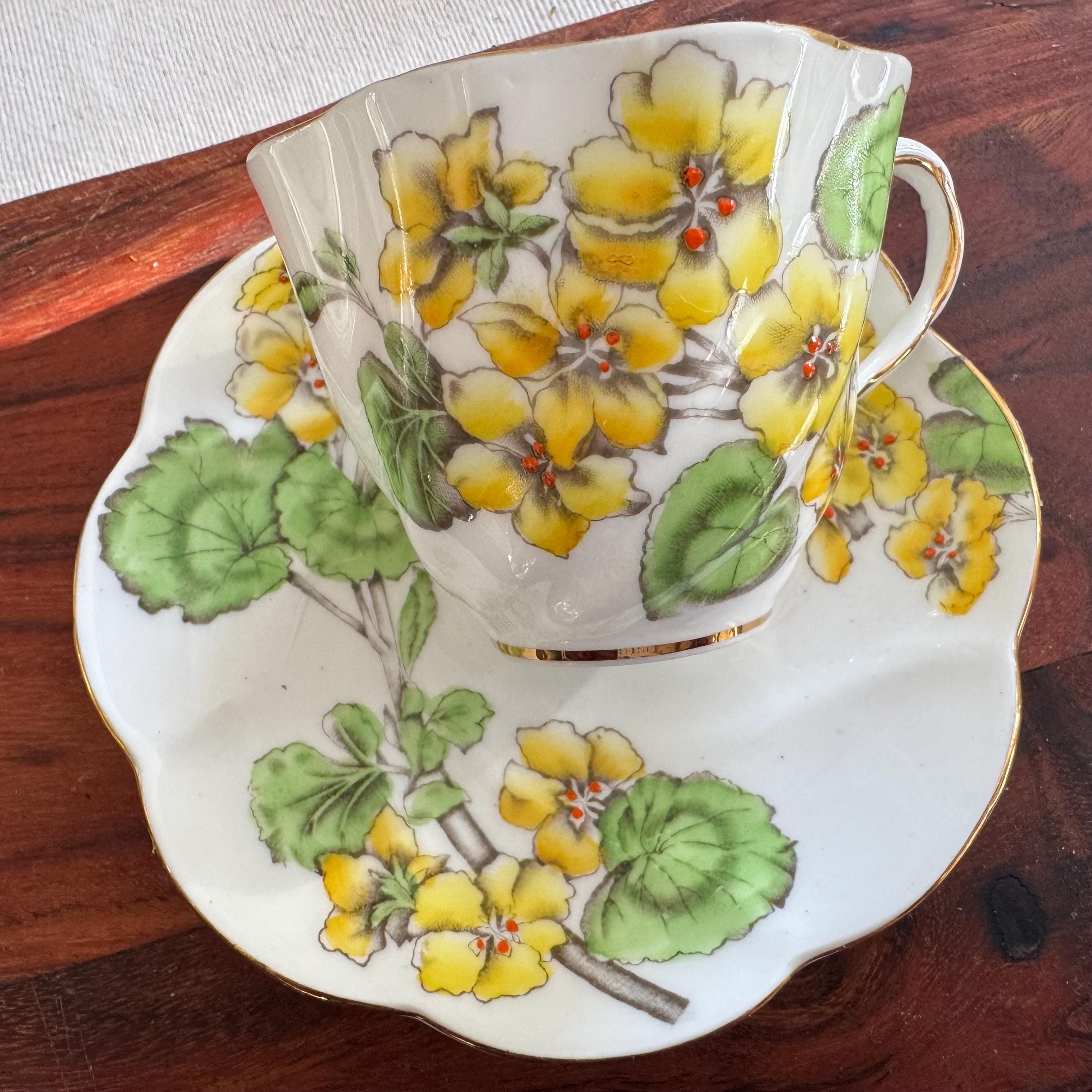 Vintage 1930s Salisbury Bone China Teacup & Saucer - “Geranium” Pattern - Yellow Floral Elegance