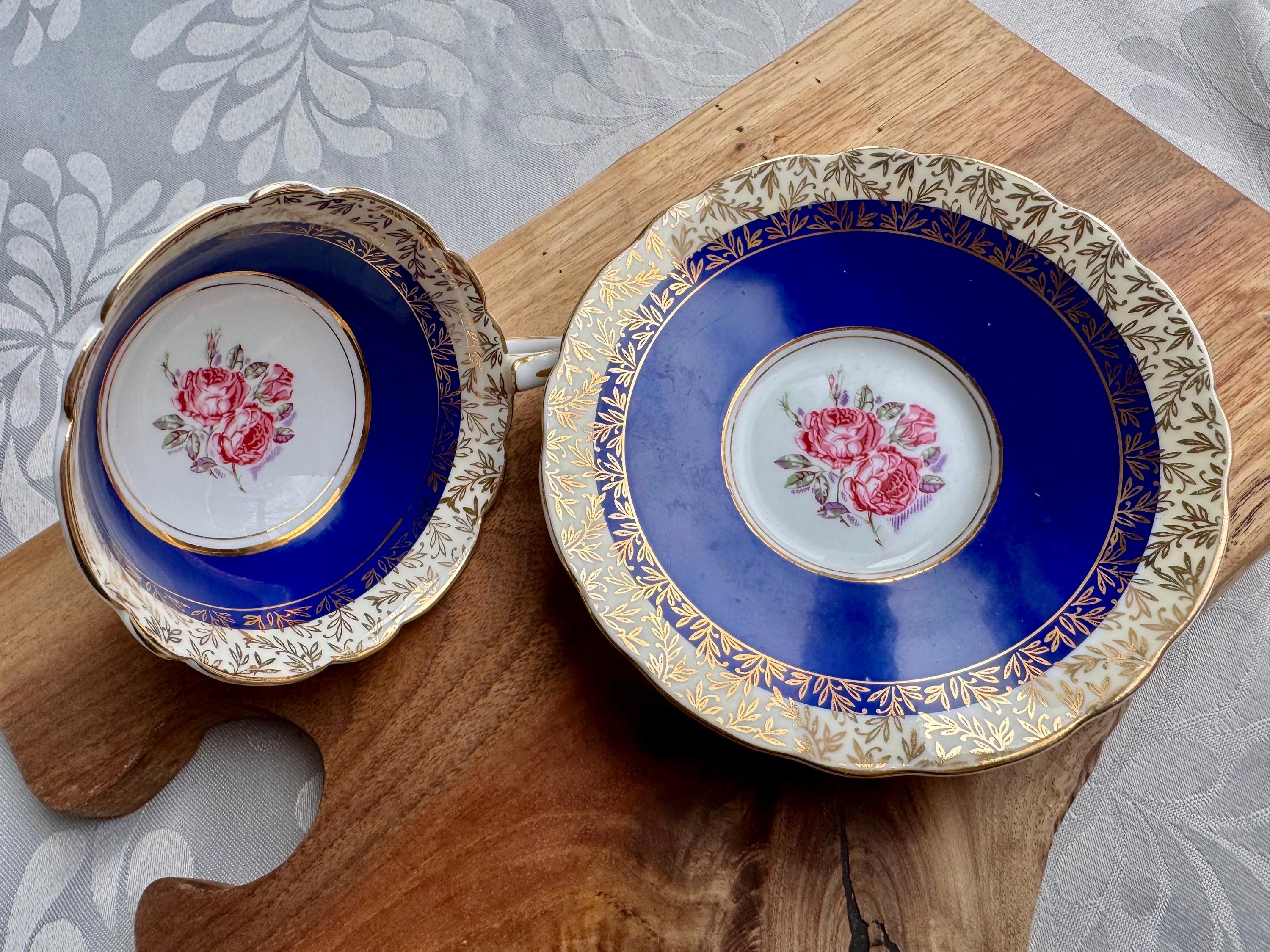 Vintage Royal Stafford Cobalt Blue Gold Teacup & Saucer – Made in England