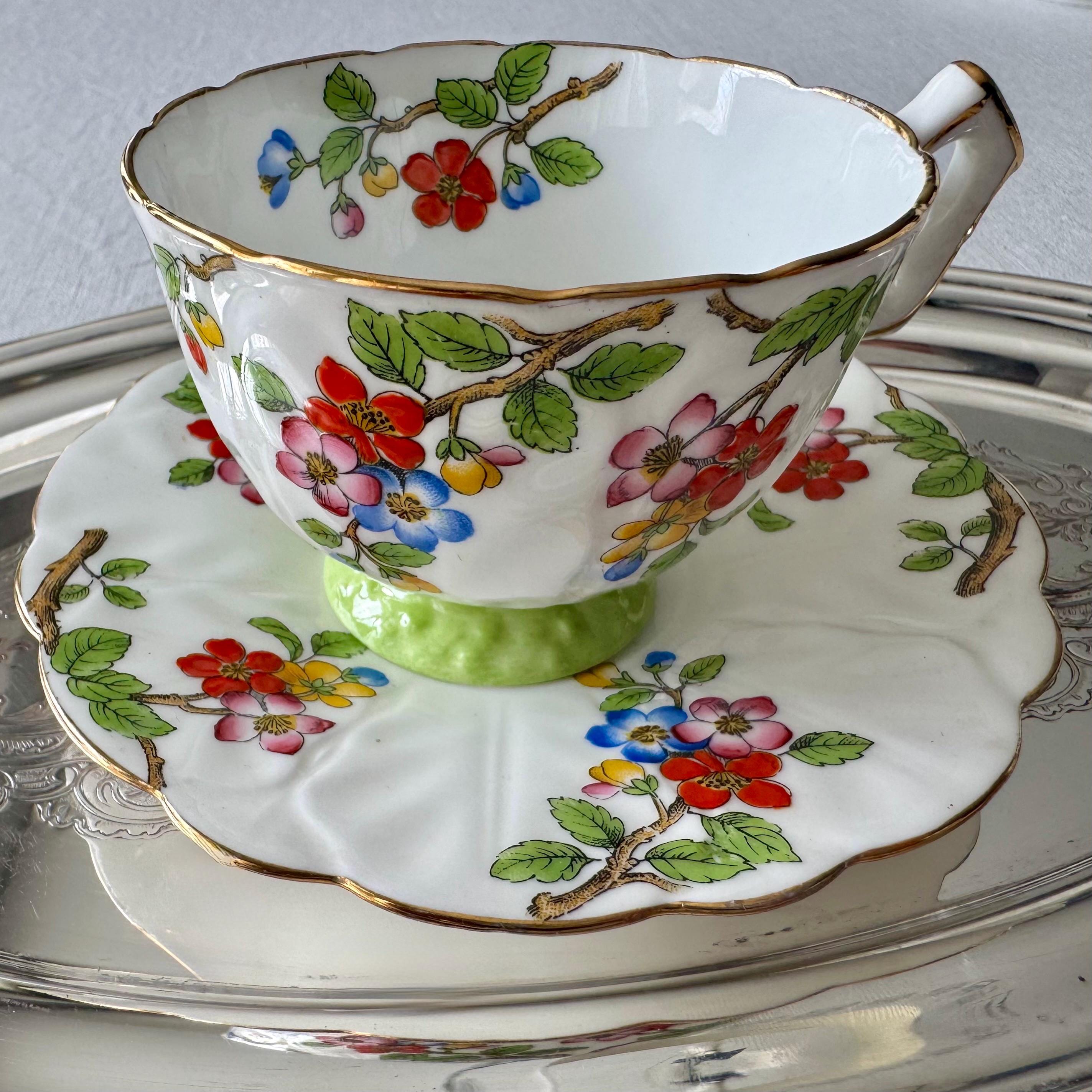 Vintage Aynsley Bone China Teacup Saucer – Poppy Garden Floral Gold Trim