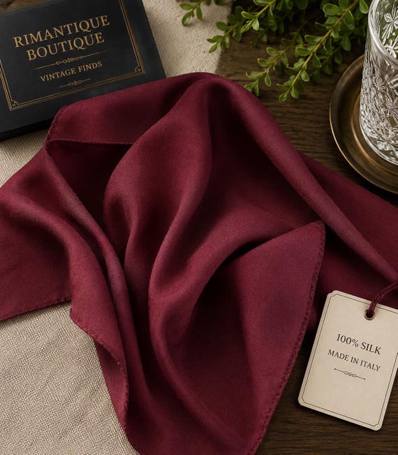 Vintage Burgundy Silk Pocket Square / Neckerchief – 100% Silk – Made in Italy