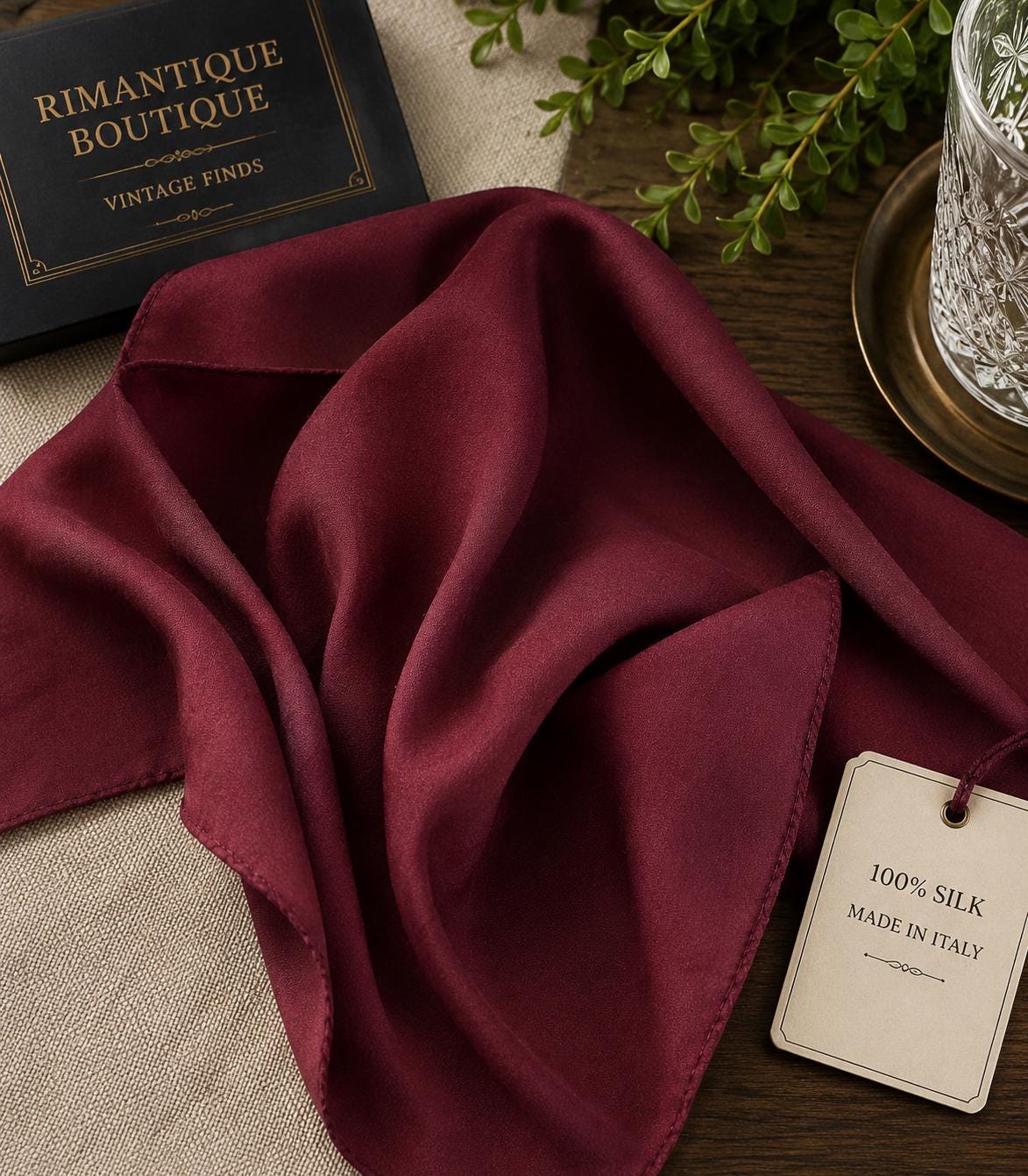 Vintage Burgundy Silk Pocket Square / Neckerchief – 100% Silk – Made in Italy
