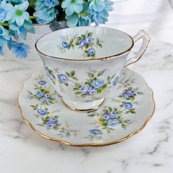 Vintage Aynsley “Marine Rose” 2872 Teacup and Saucer Set – Bone China – England