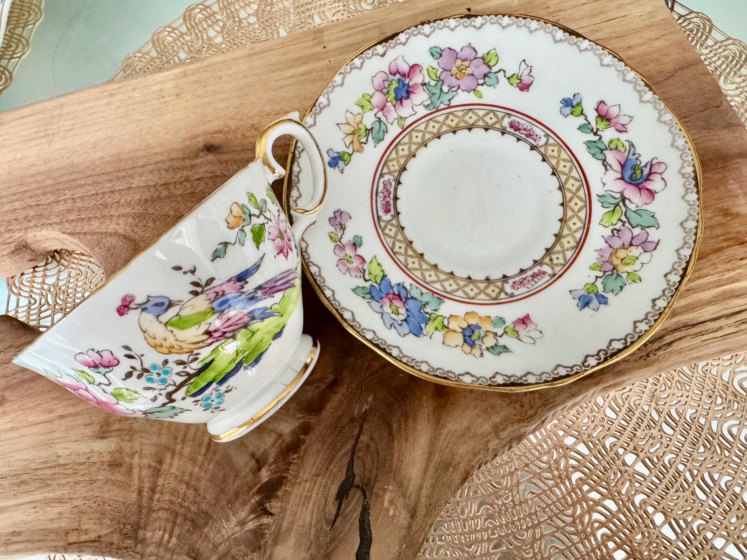 Vintage Crown Staffordshire Cup & Saucer - Hand-Painted Peacock Floral Design