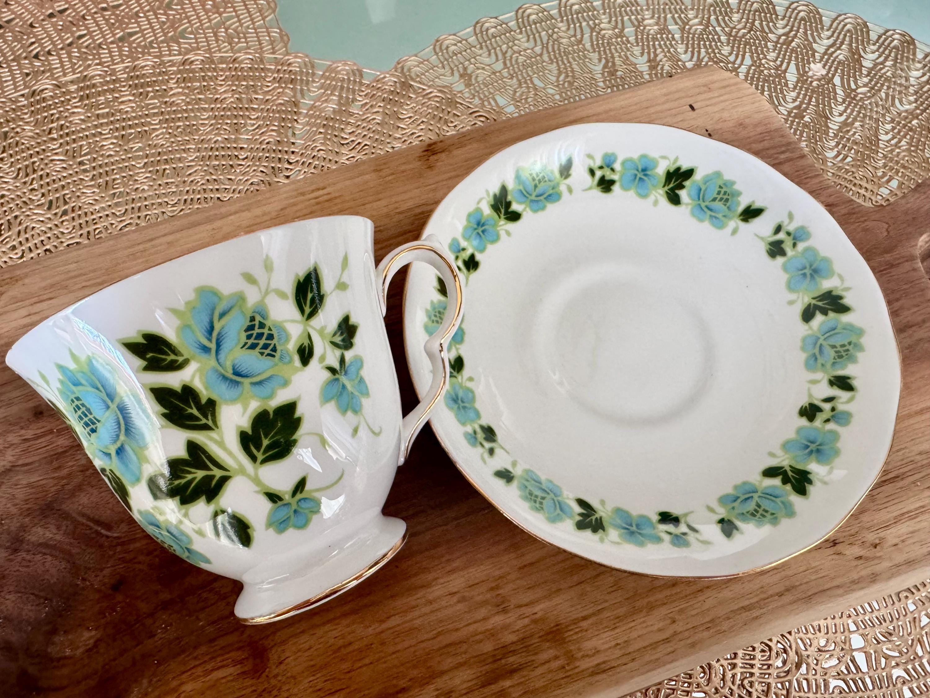 Vintage Royal Vale Bone China Teacup and Saucer: Teal Floral, Gold Trim