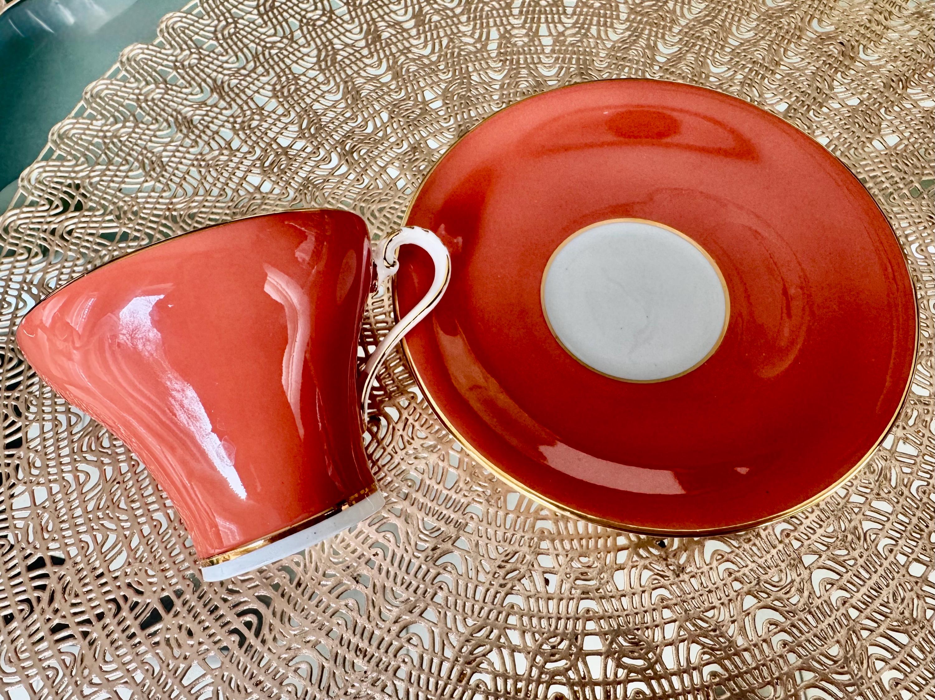 Vintage Aynsley Burnt Orange Teacup & Saucer – Gilded Rose Interior – English Bone China