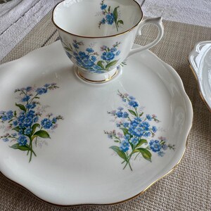 May include: A white teacup and saucer set with a floral design. The cup and saucer feature a delicate blue and white floral pattern with forget-me-not flowers.