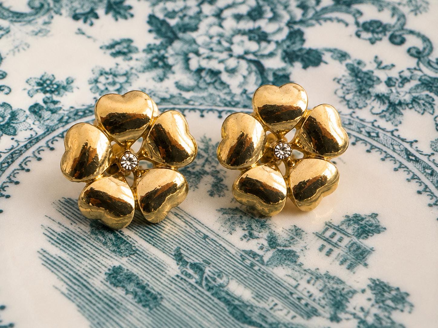 Park Lane Gold Tone Floral Earrings – Faux Pearl, Black Enamel, Mid Century Statement