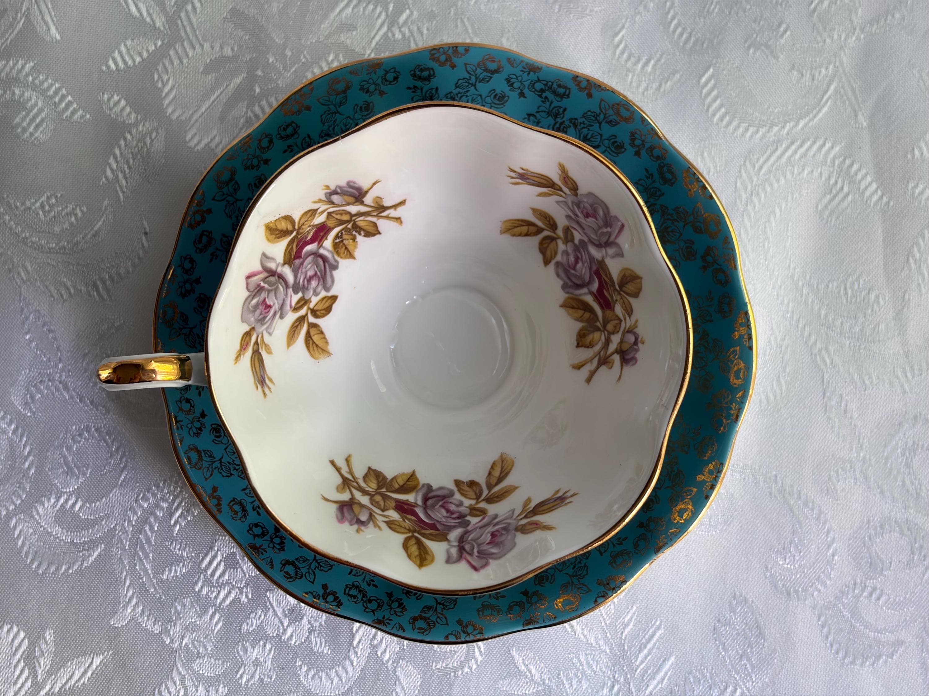 Royal Albert Turquoise Gold Bone China Teacup Saucer – Rose Floral England