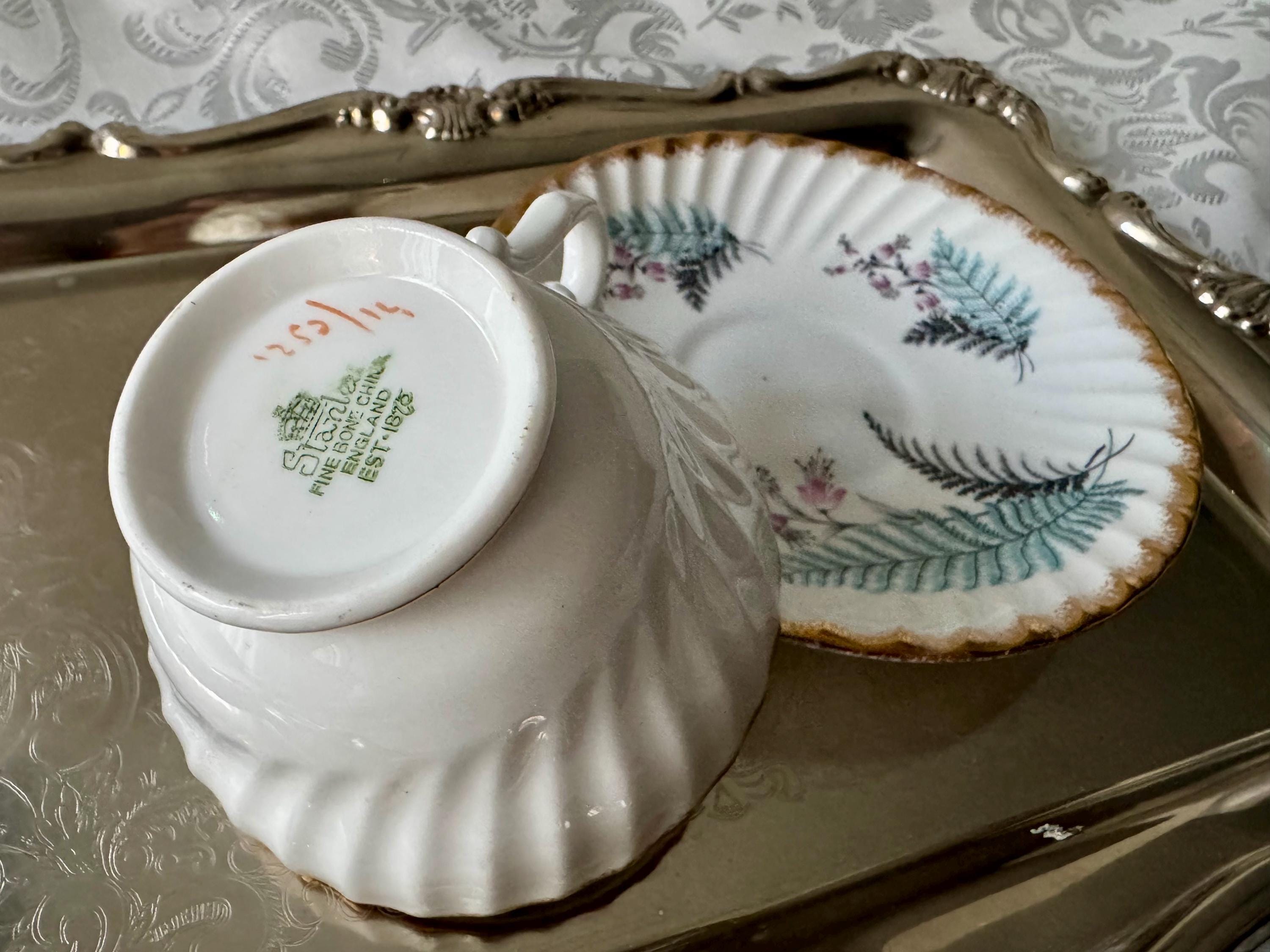 Vintage Stanley Bone China Teacup Set – Fern & Heather, Gold Trim