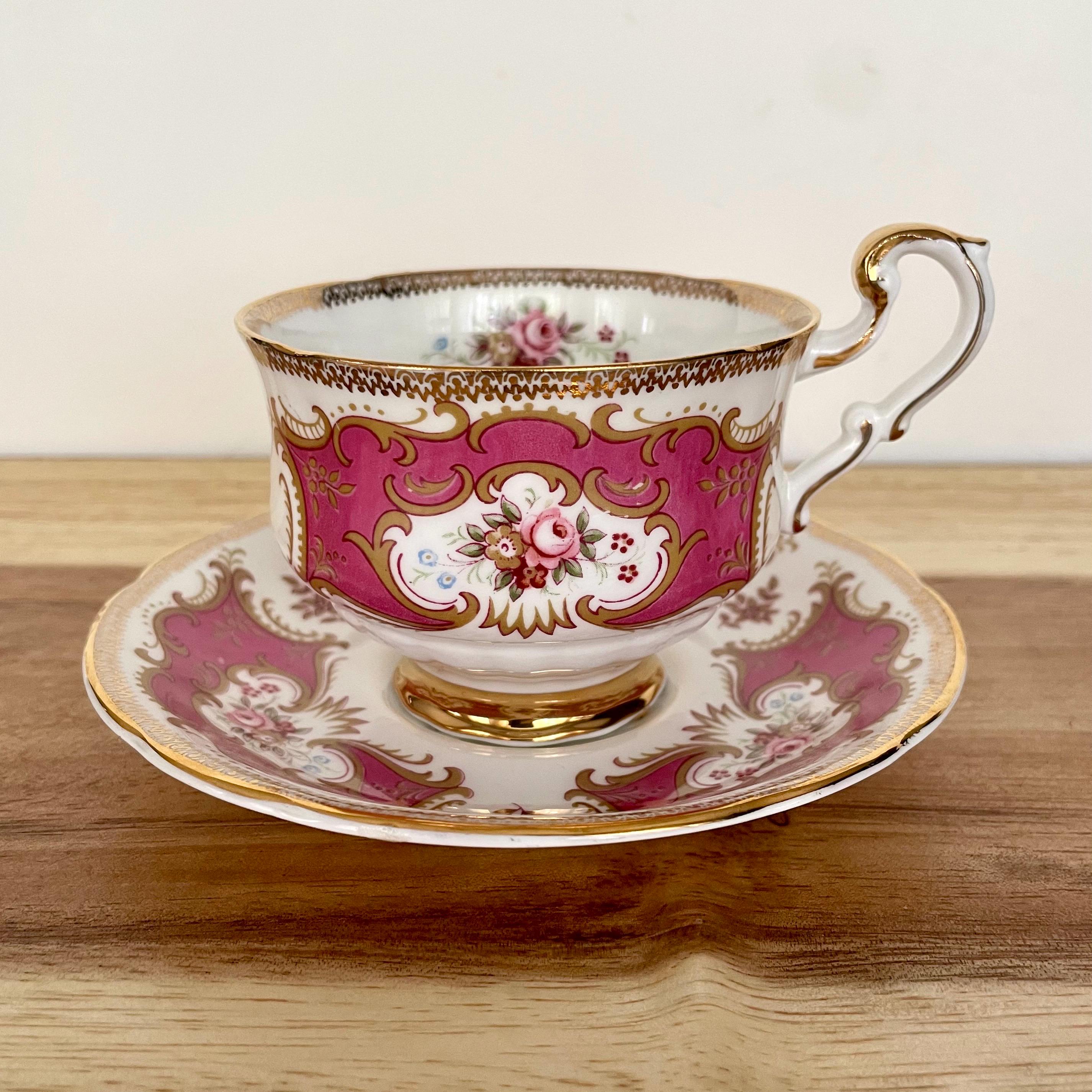 Vintage Paragon Fine Bone China Cup & Saucer – Pink Gold Scrollwork with Hand-Painted Roses – England