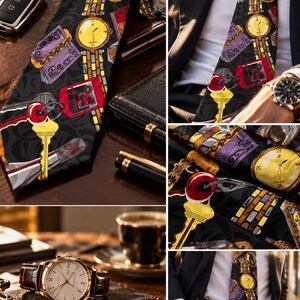 May include: A black necktie featuring a repeating pattern of yellow keys, red key tags, gold pocket watches, and purple rectangular shapes. The tie is worn with a white dress shirt and a black suit jacket, showcasing a detailed graphic print.