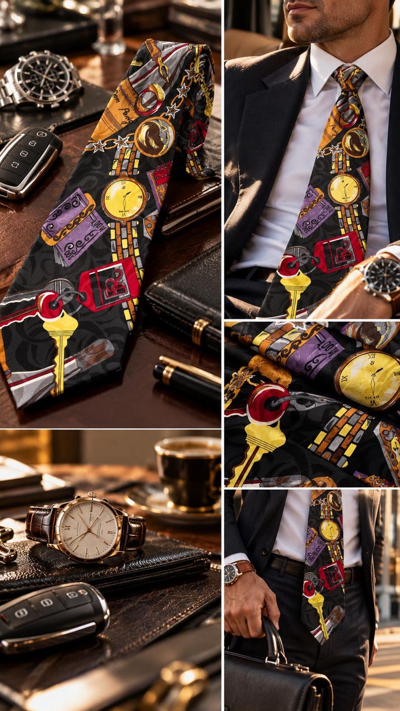 May include: A black necktie featuring a repeating pattern of yellow keys, red key tags, gold pocket watches, and purple rectangular shapes. The tie is worn with a white dress shirt and a black suit jacket, showcasing a detailed graphic print.