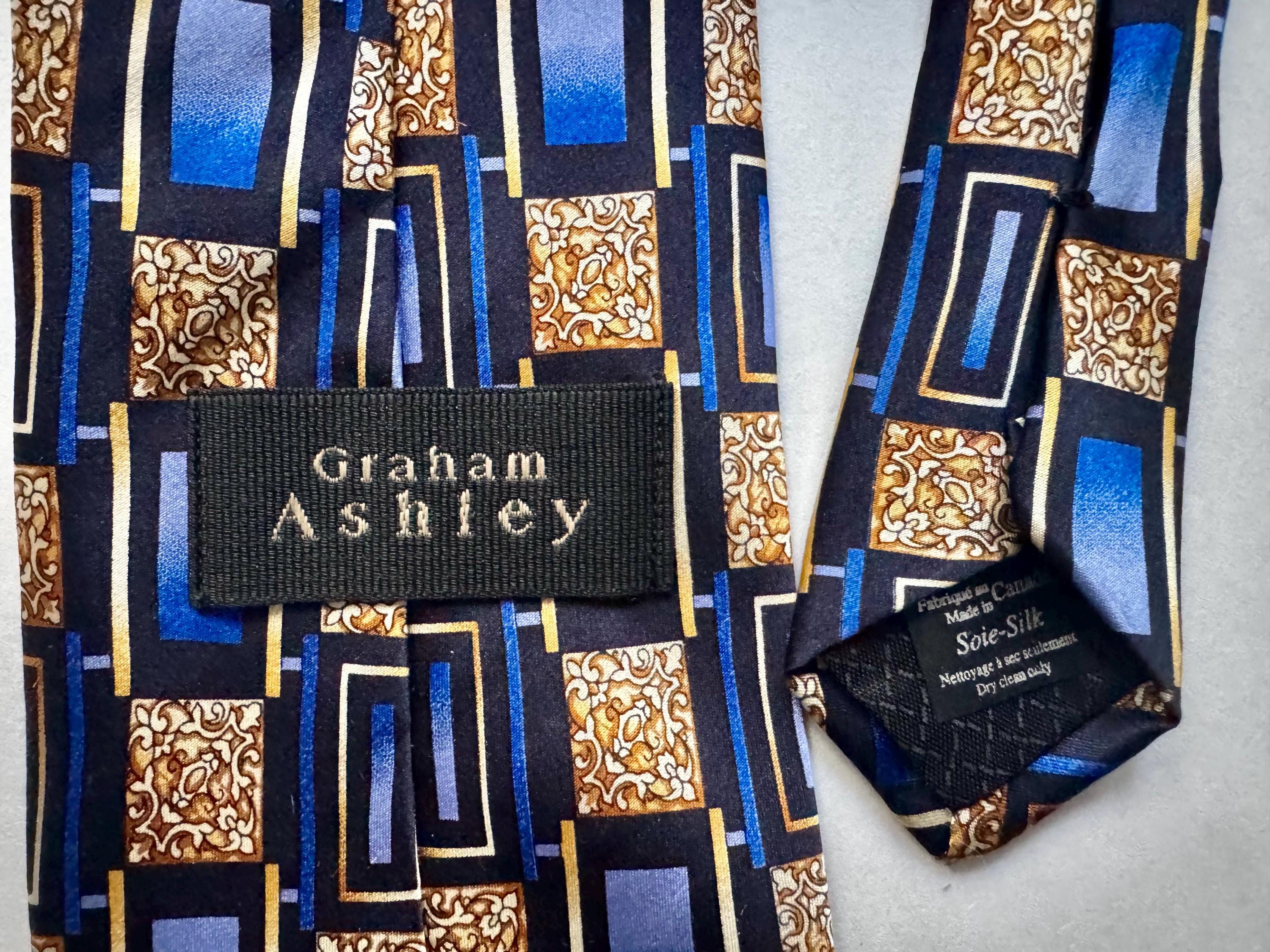 Graham Ashley Vintage Silk Tie — Made in Canada — Blue & Gold Geometric Necktie