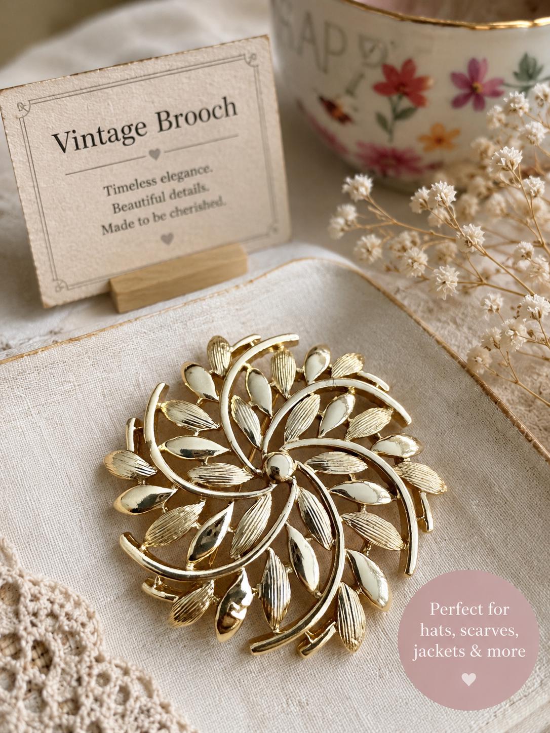 Vintage Gold Tone Floral Swirl Brooch – Textured Leaf Statement Pin – Mid Century Retro Jewelry