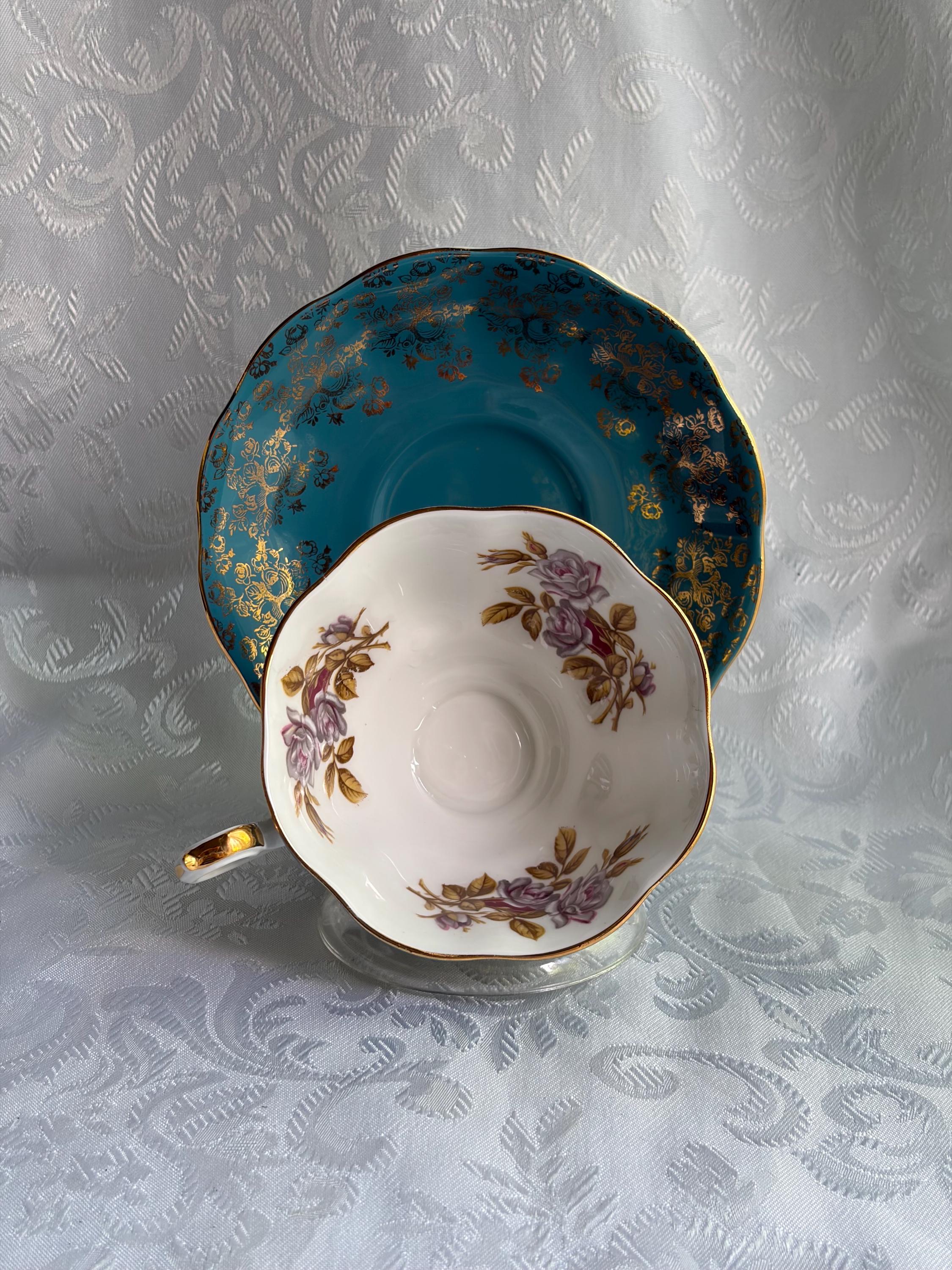 Royal Albert Turquoise Gold Bone China Teacup Saucer – Rose Floral England